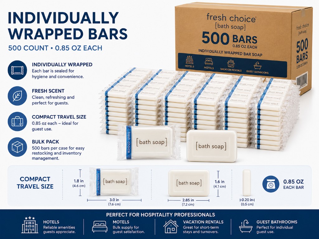Fresh Choice #1 1/2 individually wrapped 0.85 oz bath bars 500 count dimensions