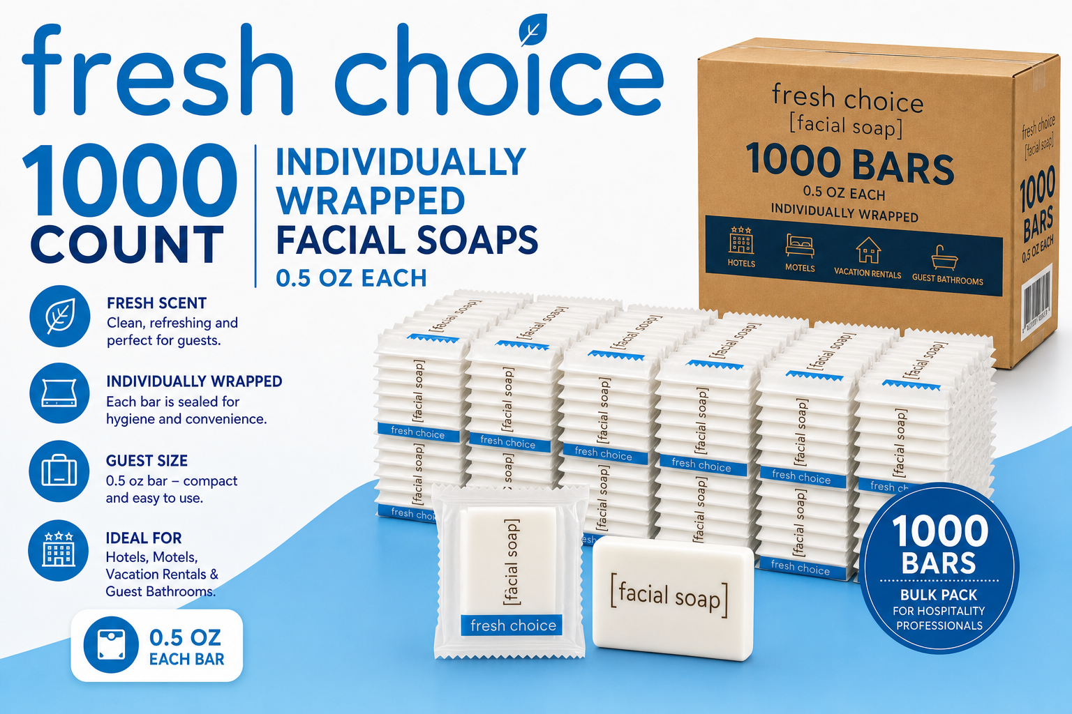 Fresh Choice #3/4 facial soap, 1000 individually wrapped 0.5 oz bars