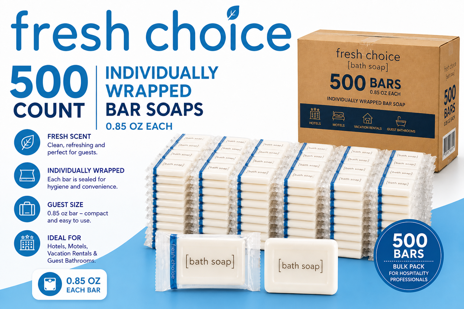 Fresh Choice #1 1/2 bath soap, 500 individually wrapped 0.85 oz bars